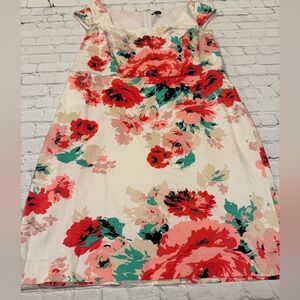 Ann Taylor Off-White & Floral Cap-Sleeve Dress. Size 18